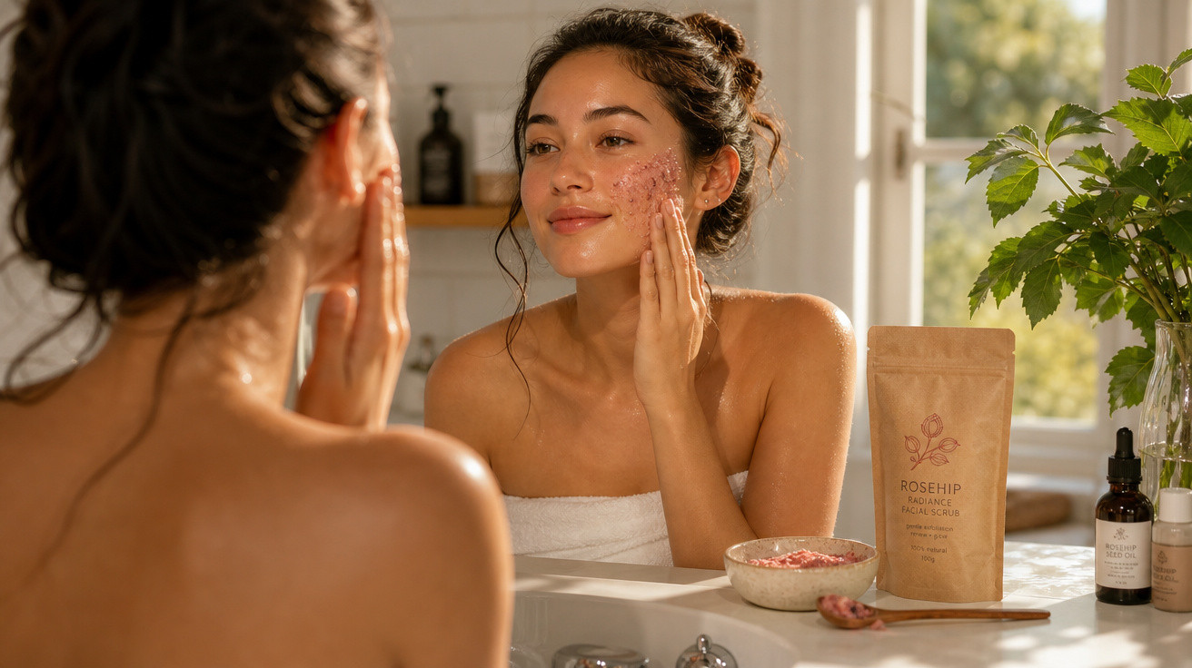 Mulher aplicando esfoliante facial rosa no rosto em frente ao espelho no banheiro iluminado.