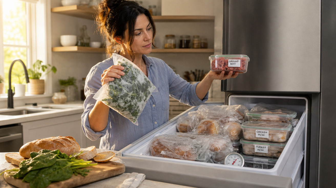 Mulher guardando alimentos congelados em embalagens plásticas dentro do freezer da cozinha.
