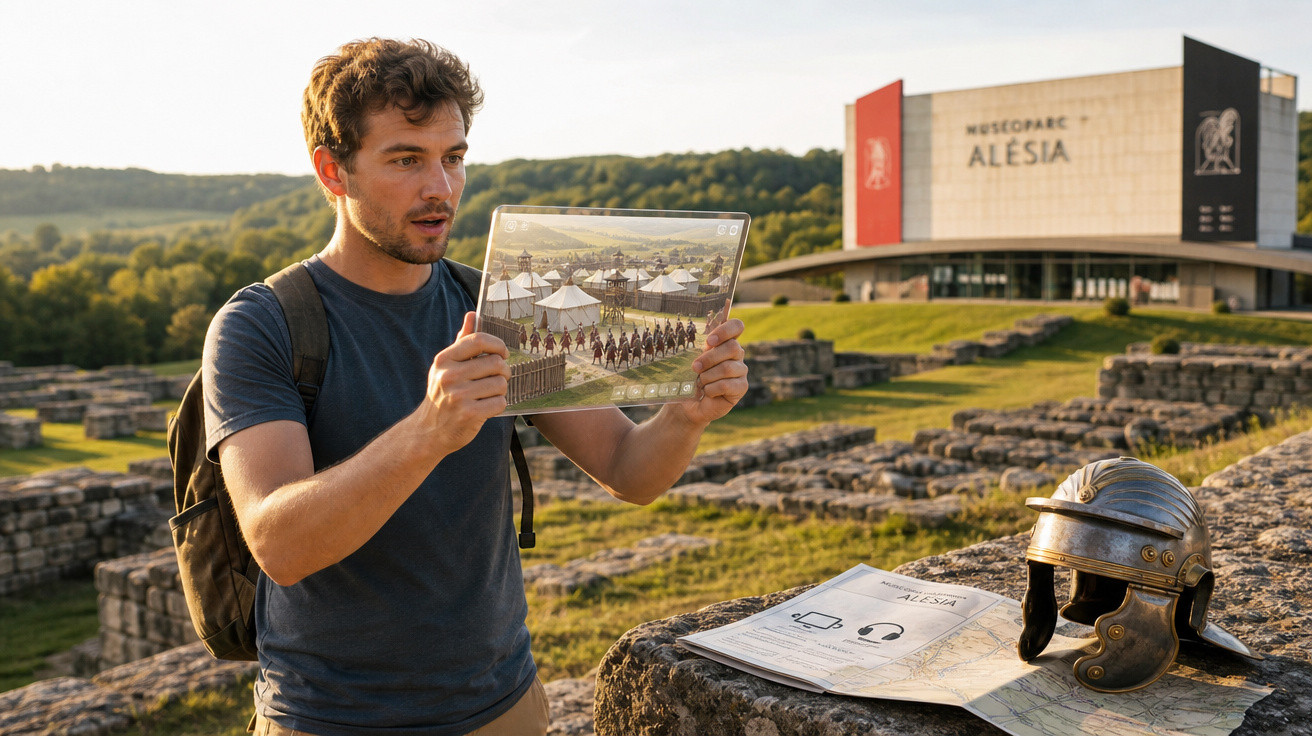 Homem com mochila utiliza tablet para ver simulação histórica em ruínas ao ar livre no Museoparc Alésia.