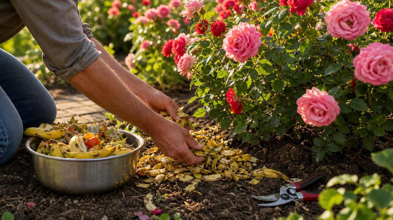 Pessoa espalhando cascas de banana no jardim com flores de rosas vermelhas e rosas ao redor.