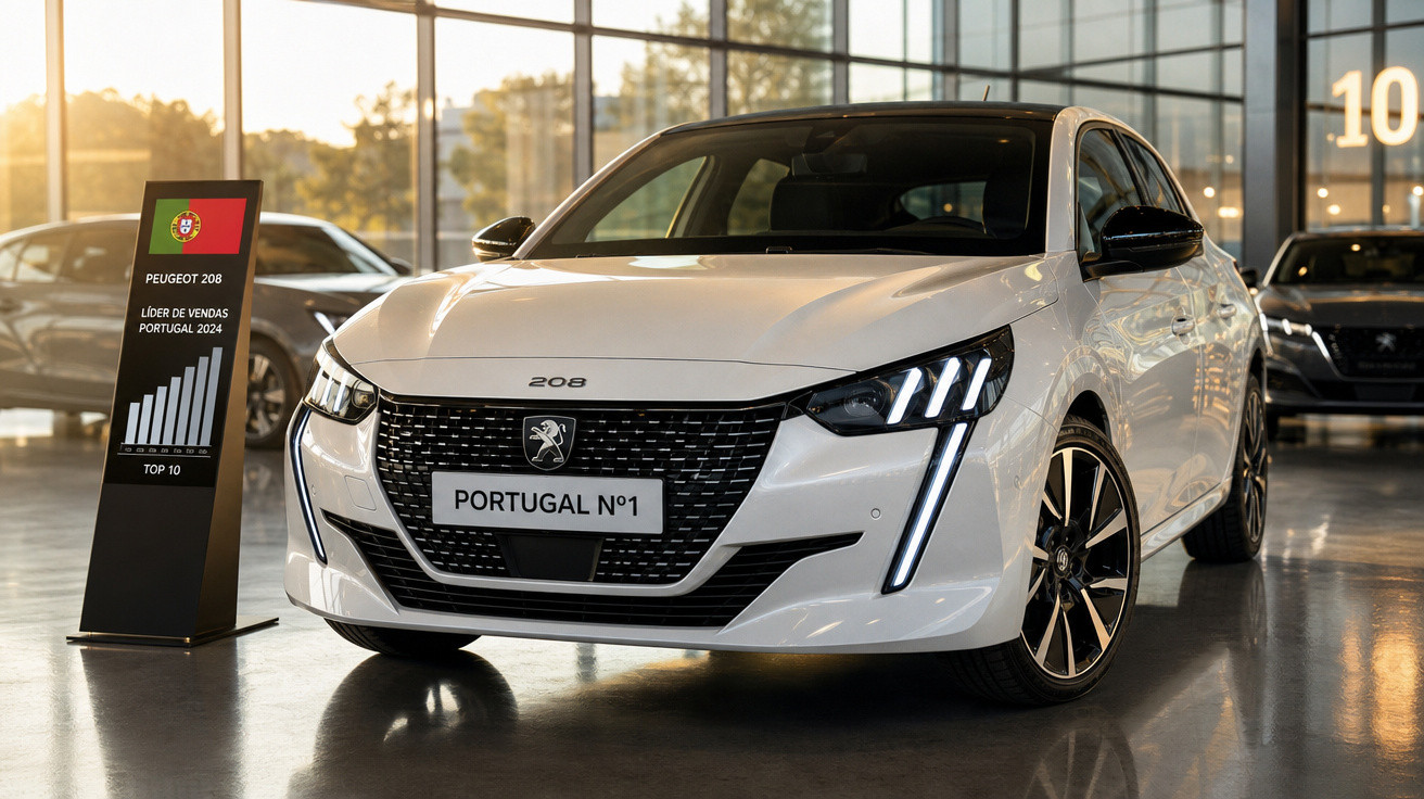 Carro Peugeot 208 branco em showroom com placa Portugal nº1 e placa lateral sobre liderança de vendas 2024.
