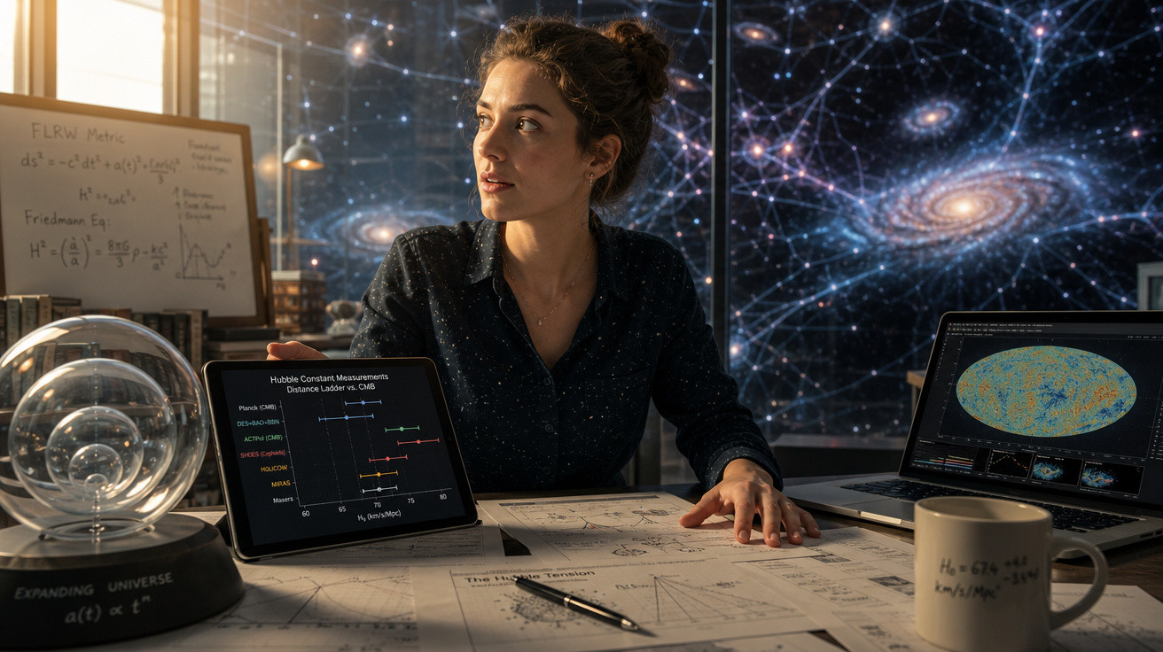 Mulher cientista analisa gráficos e tabelas sobre o universo com fundo de galáxias e estrelas.