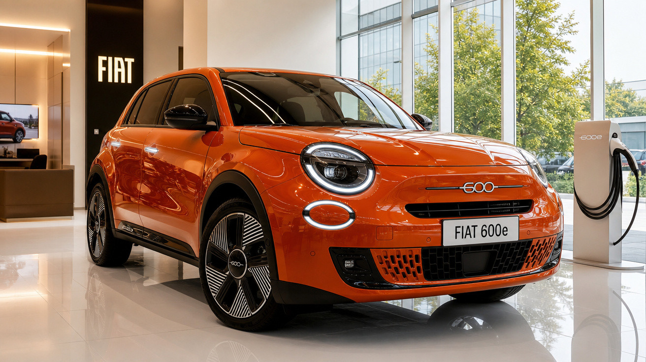 Carro elétrico Fiat 600e laranja em exposição interna com estação de recarga ao lado.