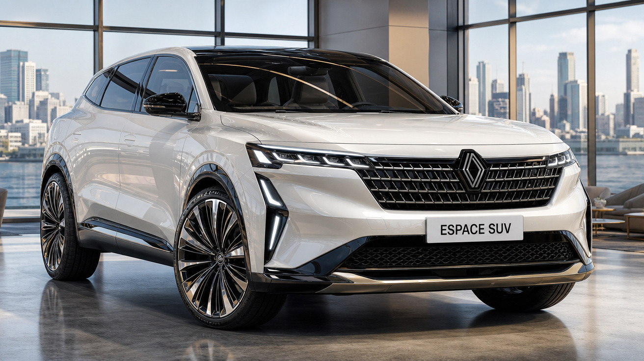 SUV Renault Espace branco estacionado em ambiente interno com vista para cidade ao fundo.
