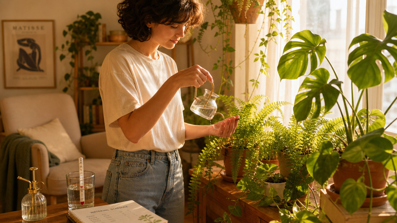 Mulher regando plantas em vaso dentro de casa, ambiente iluminado com luz natural ao fundo.