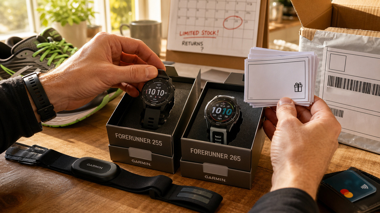 Pessoa segurando relógio Garmin Forerunner 255 e etiquetas adesivas ao lado de outro relógio Forerunner 265 na caixa.