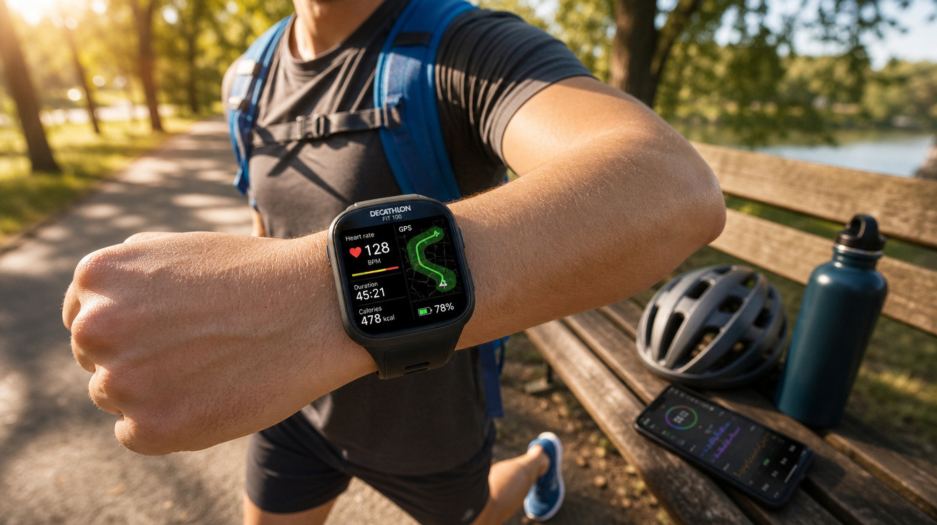 Homem com mochila azul correndo no parque, conferindo smartwatch com dados de atividade física.