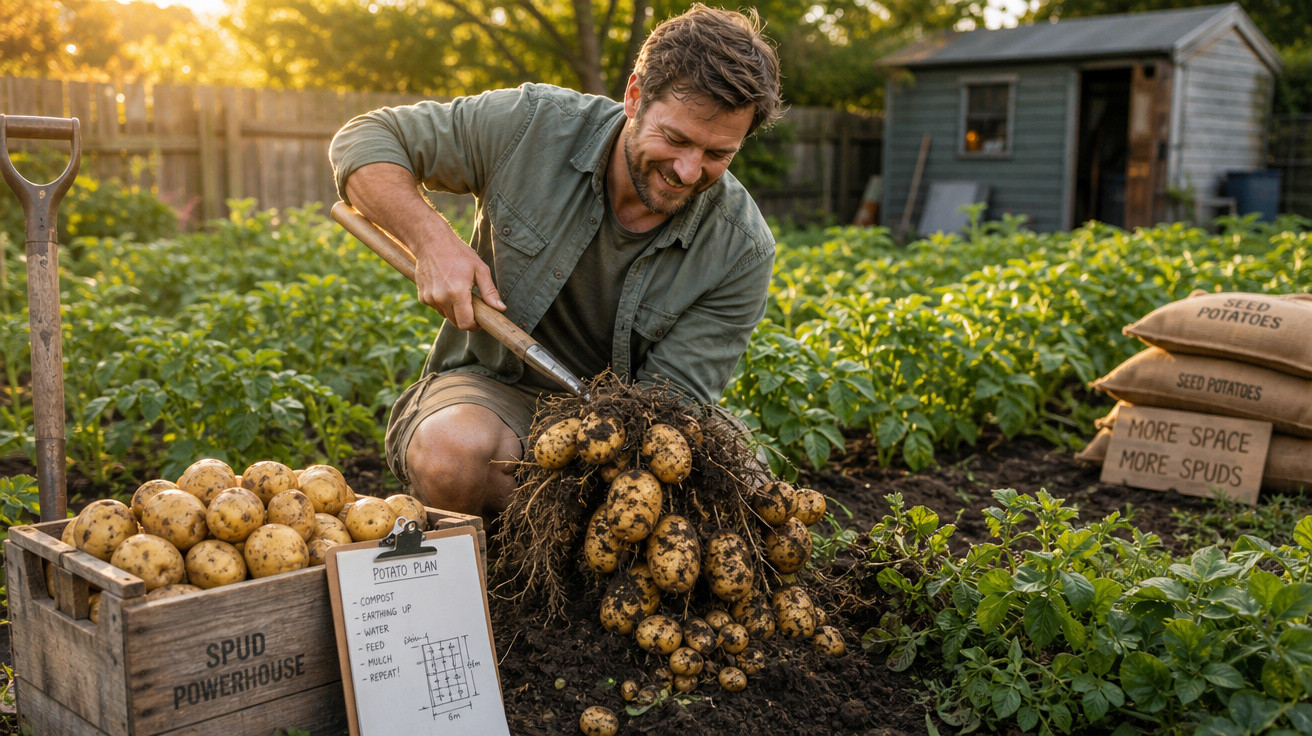 Homem colhendo batatas em plantação ao entardecer, com caixa de batatas e saco de sementes ao lado.