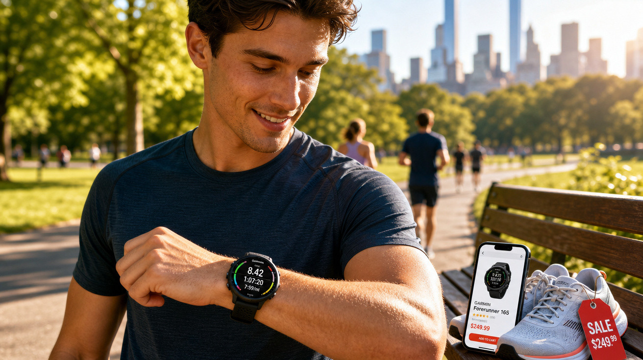 Homem em parque olhando smartwatch Garmin durante corrida com tênis e celular à venda ao lado.