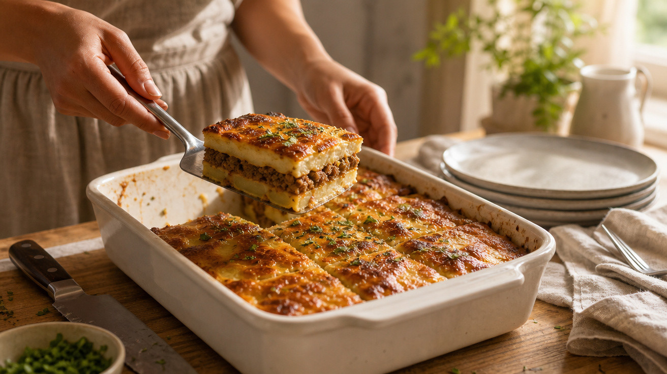 Pessoa servindo uma porção de torta de carne com purê de batata em assadeira branca sobre mesa de madeira.