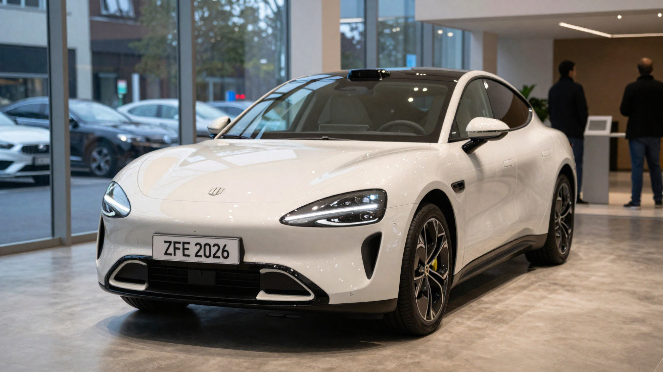 Carro elétrico branco exposto em showroom moderno com piso de concreto polido.