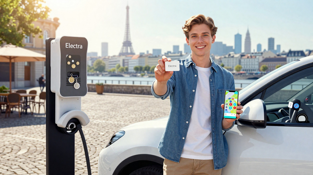 Jovem sorridente segurando cartão e celular em frente a carro elétrico próximo a estação de recarga Electra em Paris.