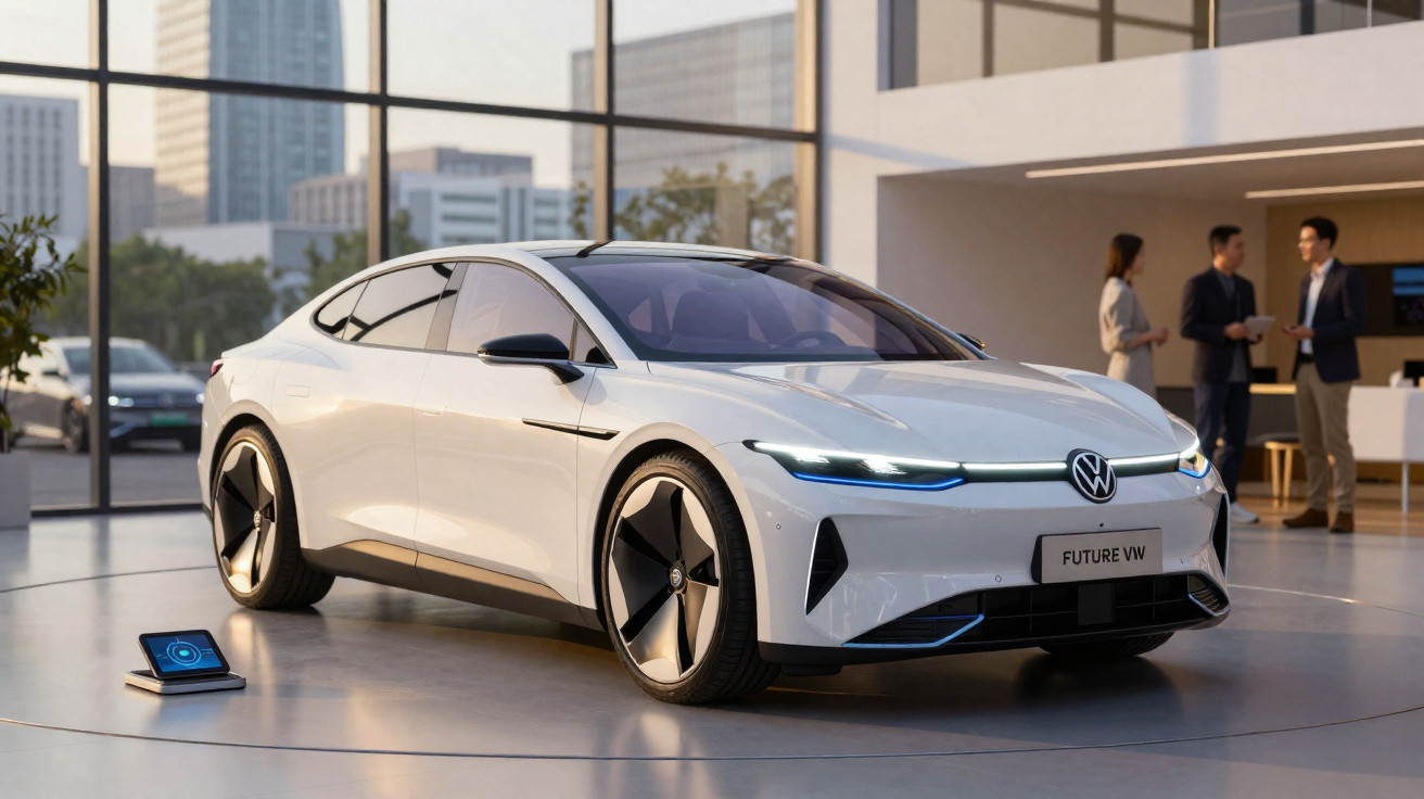 Carro elétrico branco Volkswagen exposto em salão moderno com pessoas ao fundo e carregador ao lado.