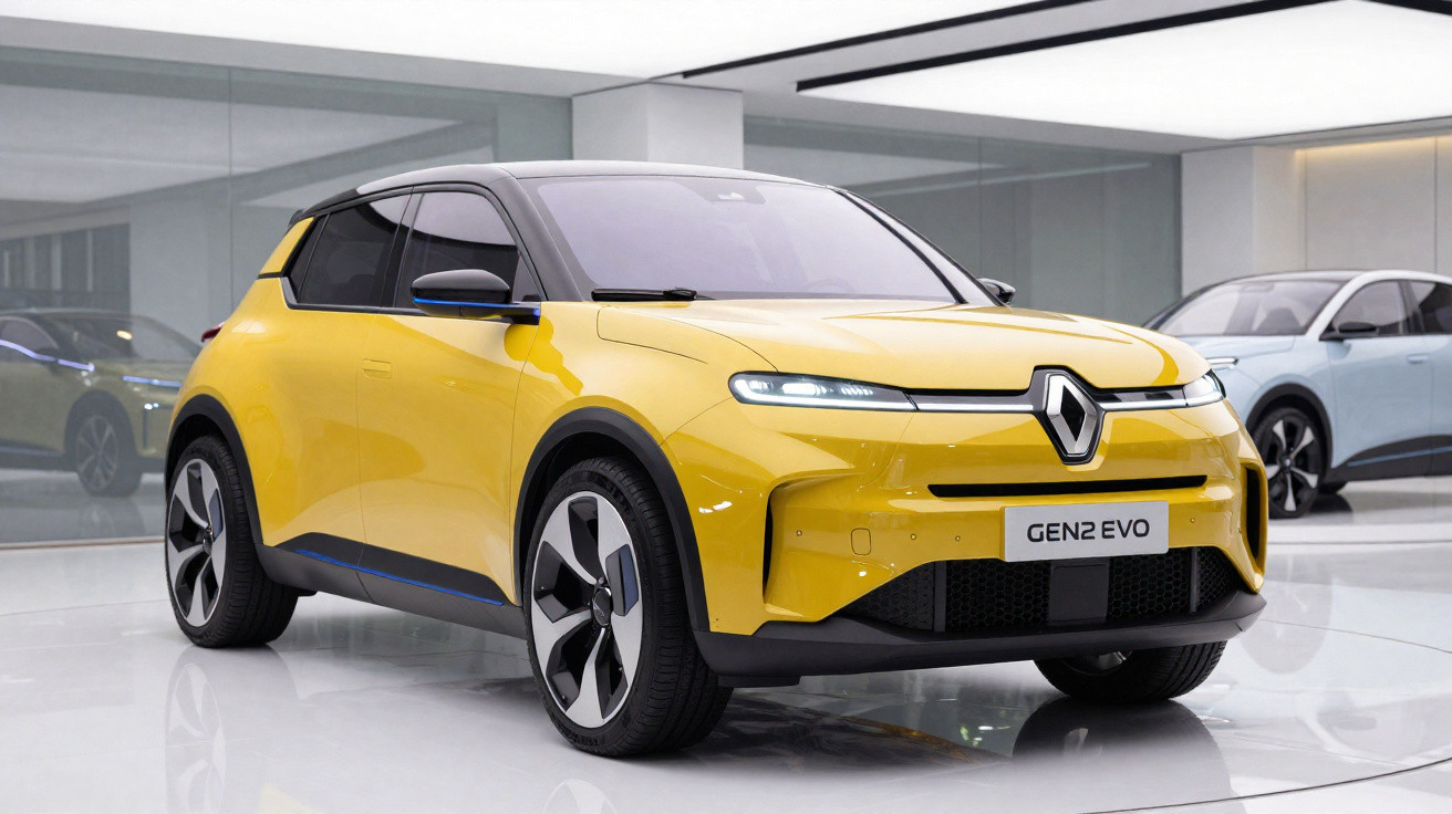 Carro elétrico Renault Gen2 Evo amarelo em exposição interna com design moderno e rodas grandes.