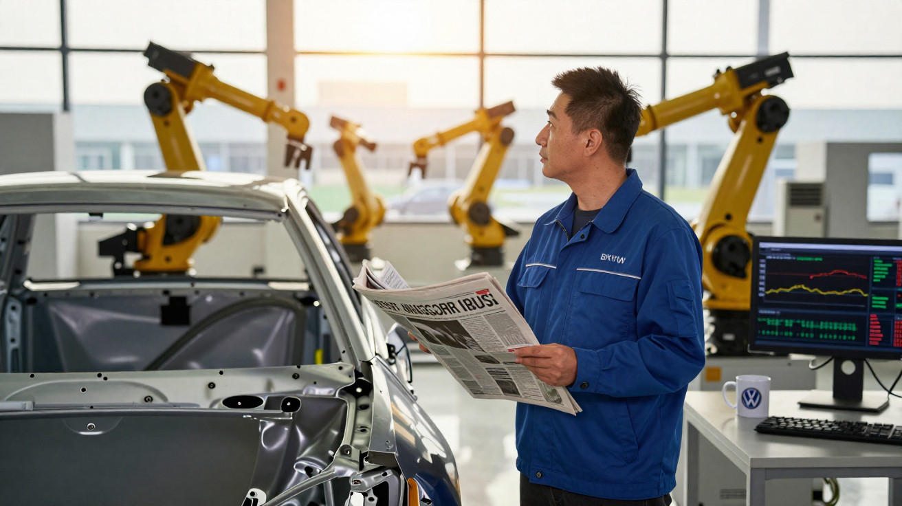 Homem com macacão azul segurando jornal em fábrica de automóveis com robôs industriais ao fundo.