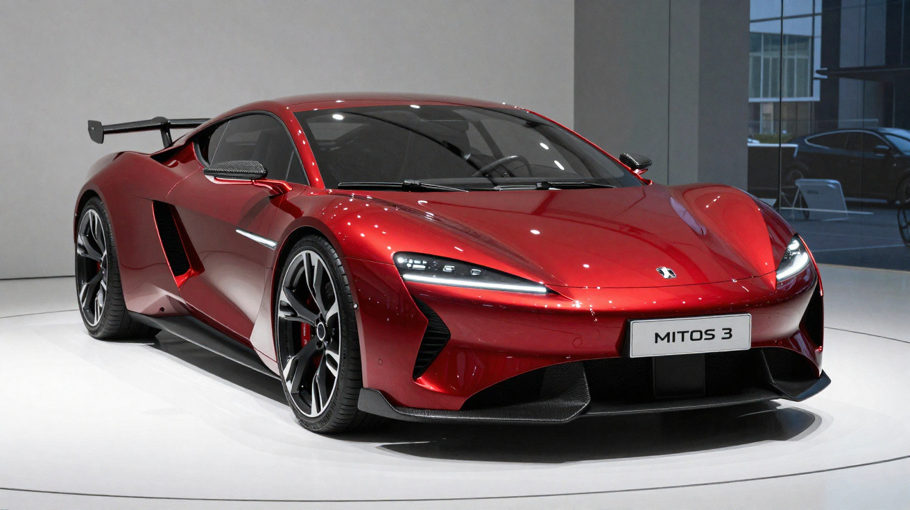 Carro esportivo vermelho metálico com design aerodinâmico e faróis modernos em estande de exposição.