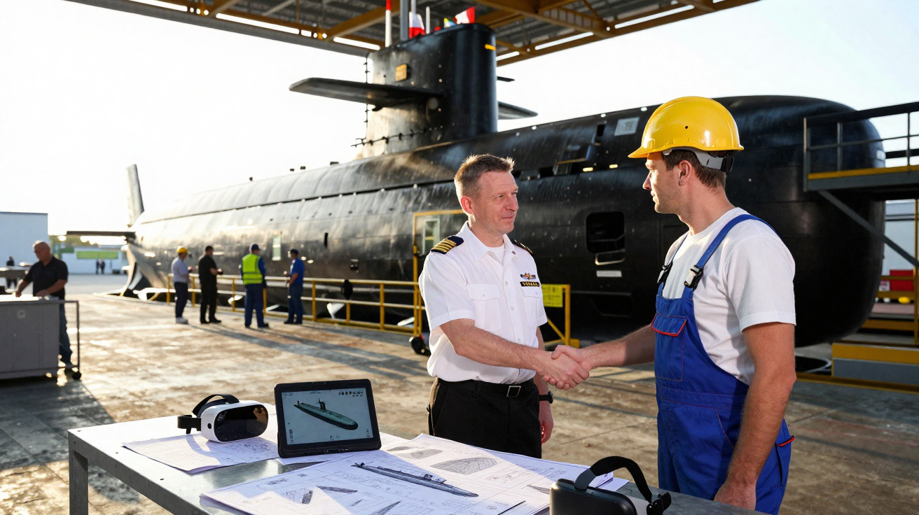 Capitão e operário apertam as mãos em estaleiro com submarino e plantas técnicas numa mesa.