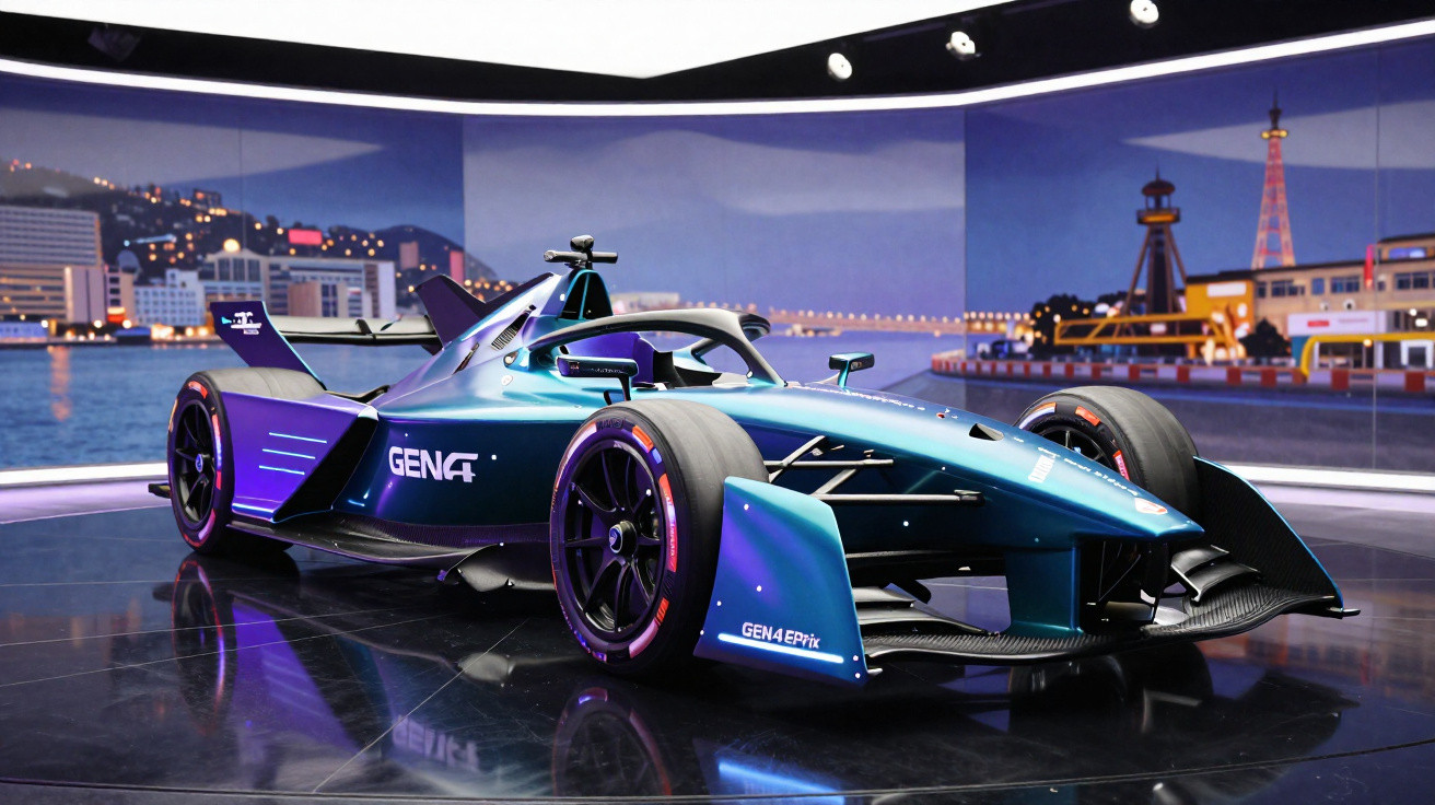 Carro de corrida elétrico azul GEN4 exposto em plataforma com fundo de cidade iluminada à noite.