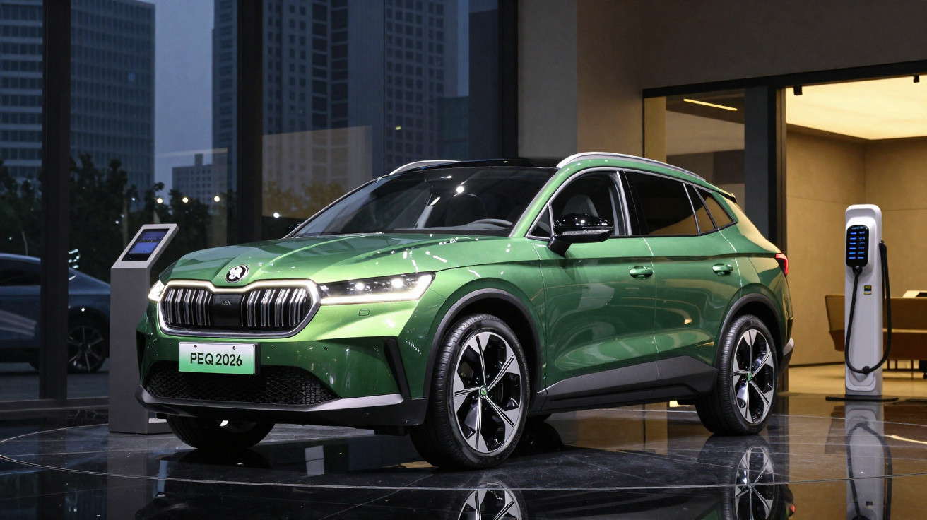 Carro SUV elétrico verde estacionado ao lado de carregador em ambiente urbano moderno à noite.