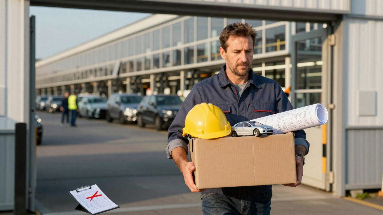 Homem carregando caixa com capacete, maquete de carro e plantas, saindo de empresa industrial.