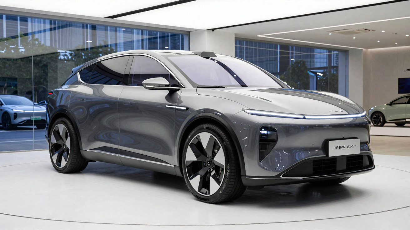 Carro elétrico cinza Urban Giant exibido em showroom moderno com janelas de vidro grandes.