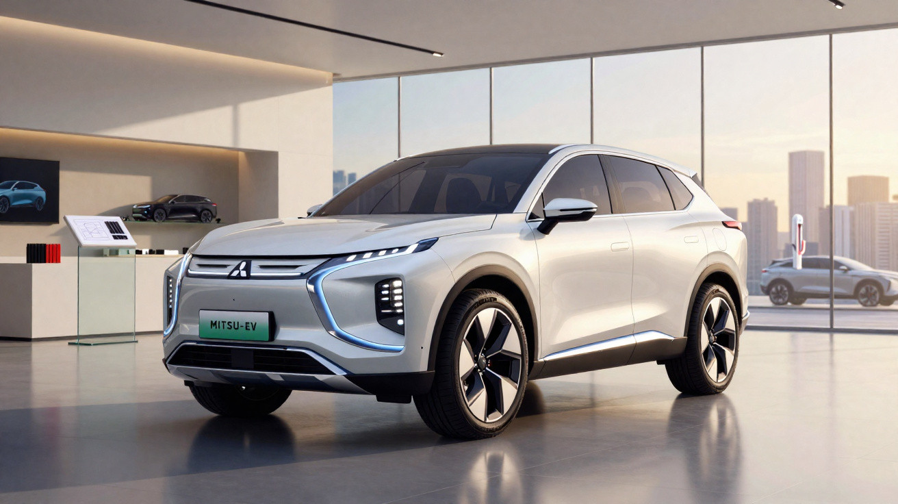 Carro elétrico SUV branco Mitsubishi Mitsu-EV em showroom moderno com janelas grandes.