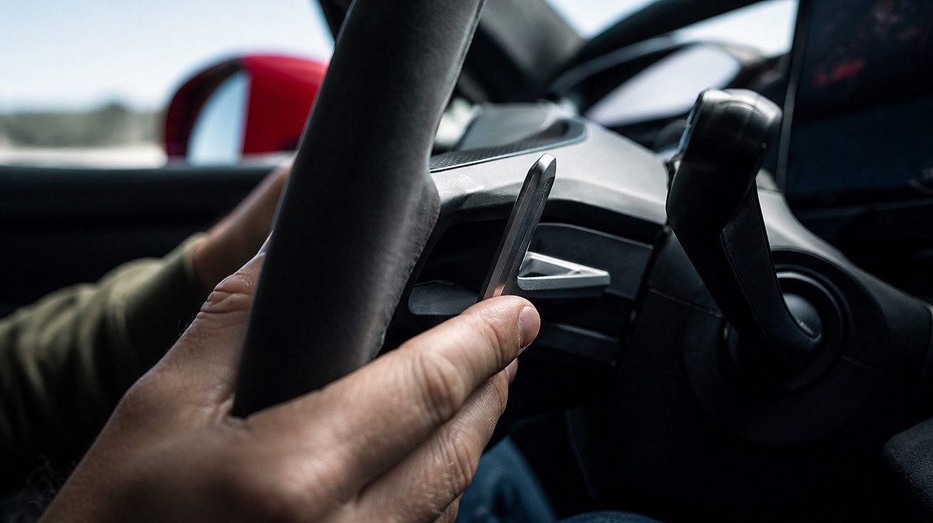 Pessoa segurando celular próximo ao volante dentro de um carro durante o dia.
