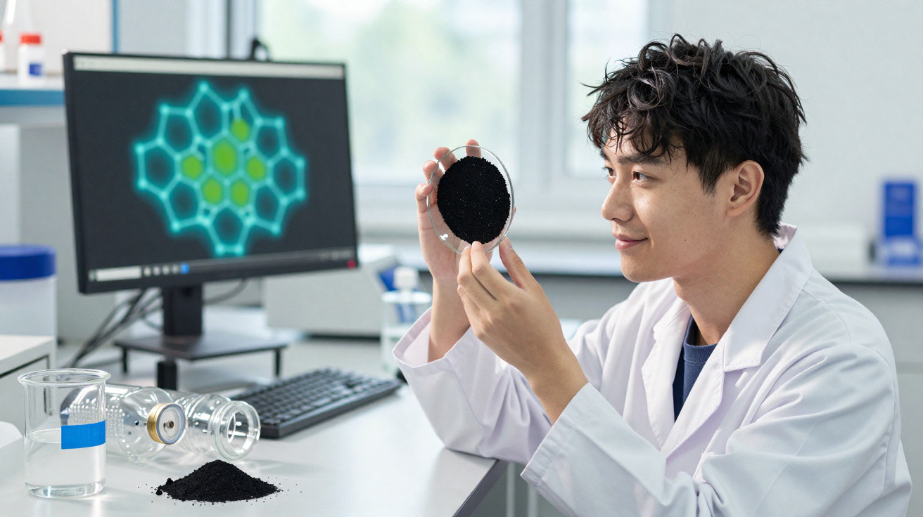 Pesquisador em laboratório observa amostra negra em placa de petri com computador ao fundo.