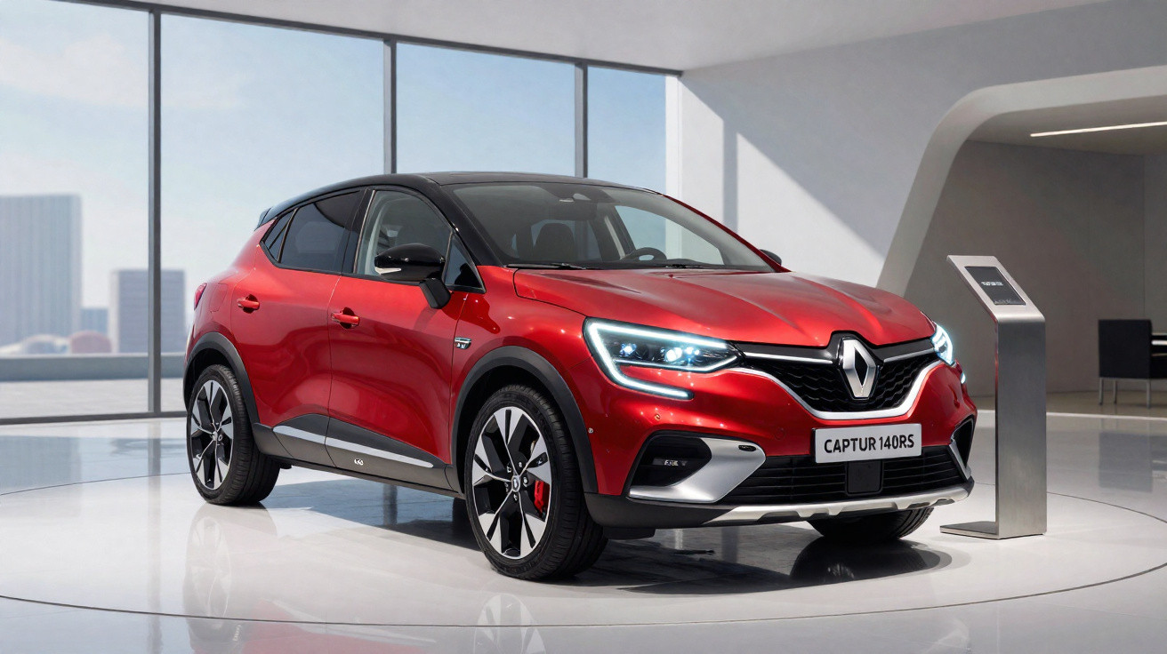 Carro Renault Captur 140RS vermelho em exposição iluminada por janelas grandes.