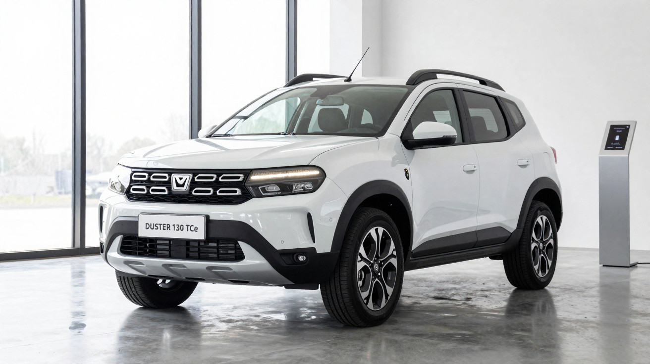 SUV branco Duster 130 TCe estacionado dentro de ambiente com piso cinza e paredes brancas.