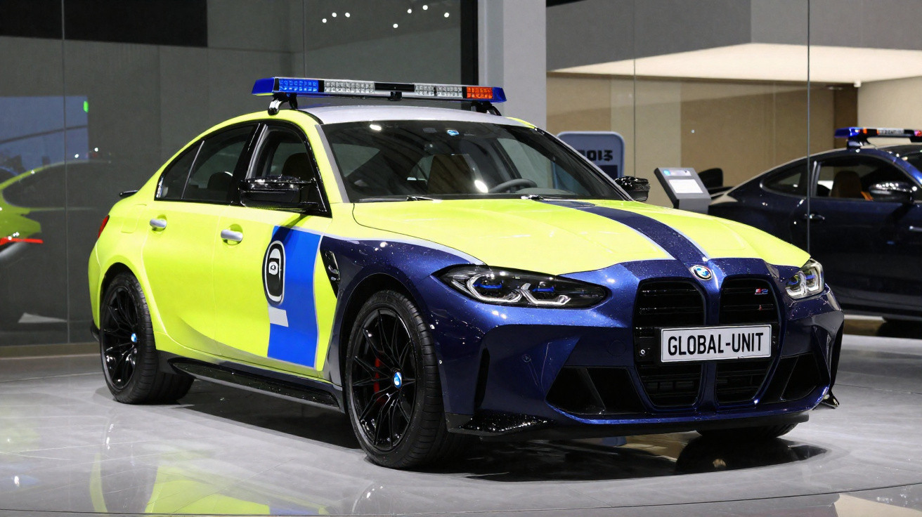 Carro de polícia BMW modelo esportivo com pintura amarela e azul exibido em salão automotivo.