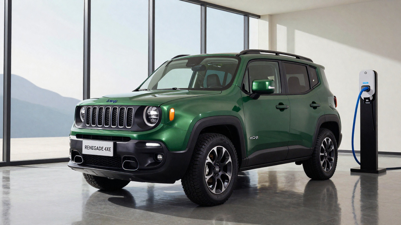 SUV elétrico Jeep Renegade 4xe verde carregando em estação interna com grandes janelas.