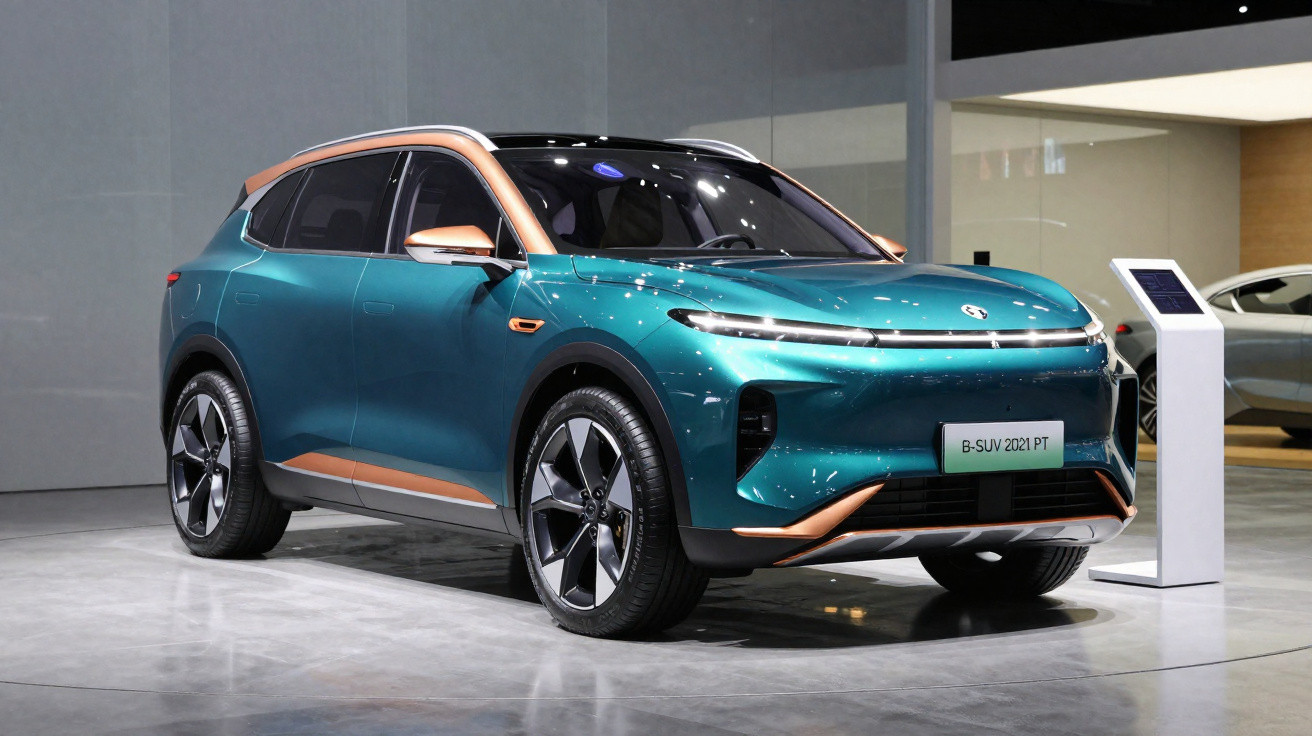 Carro SUV elétrico azul com detalhes em bronze exibido em exposição interna.