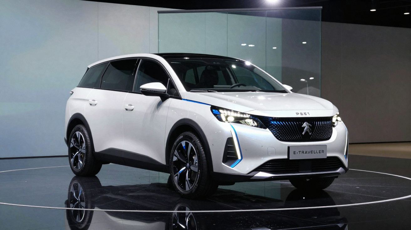 Peugeot E-Traveller elétrico branco exibido em plataforma circular com iluminação interna e fundo neutro.