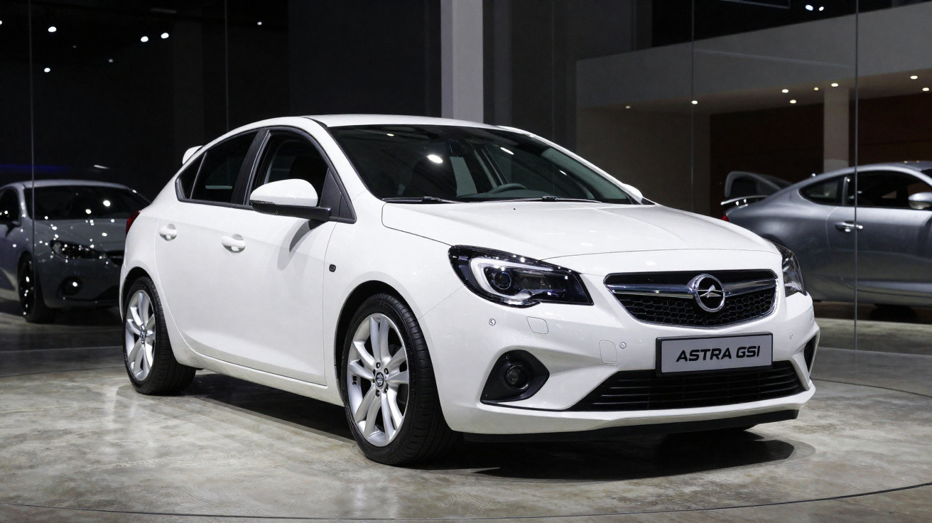 Carro branco Opel Astra GSI estacionado em ambiente interno com piso de concreto polido e paredes espelhadas.