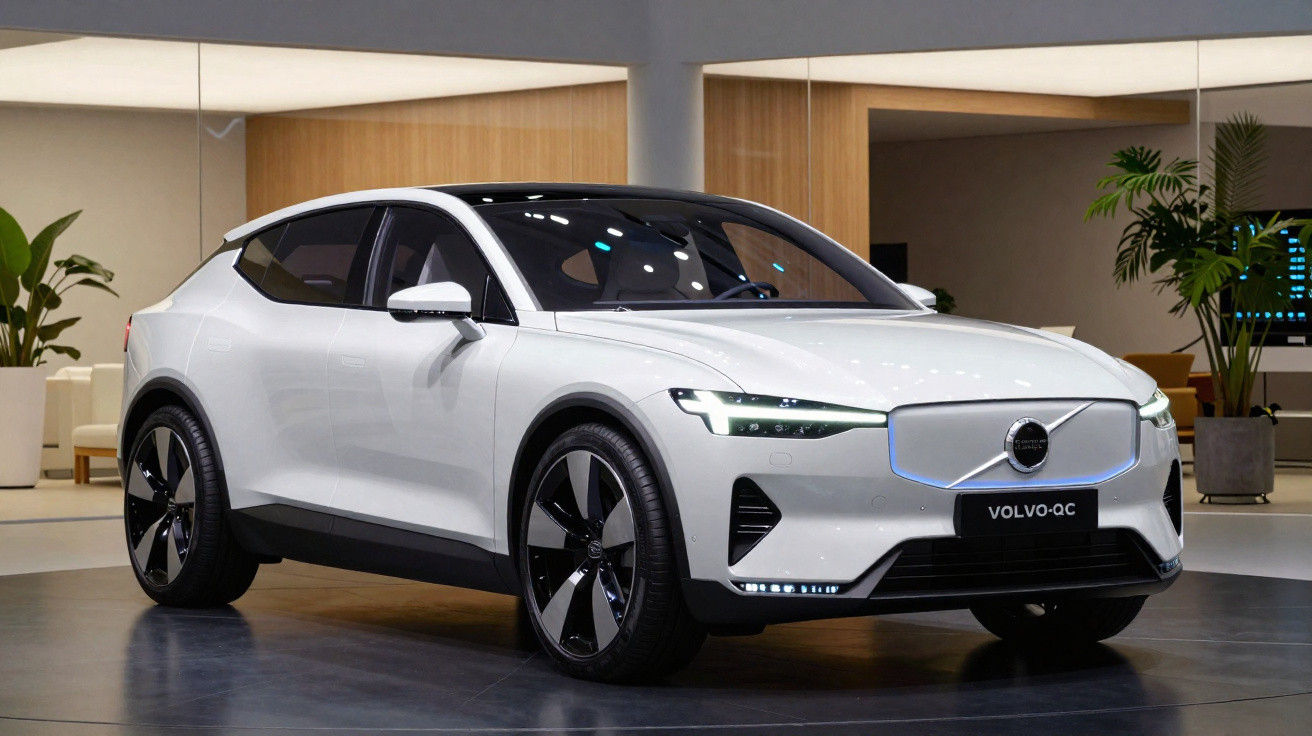 Carro elétrico Volvo branco modelo XC em showroom moderno com plantas e iluminação suave.