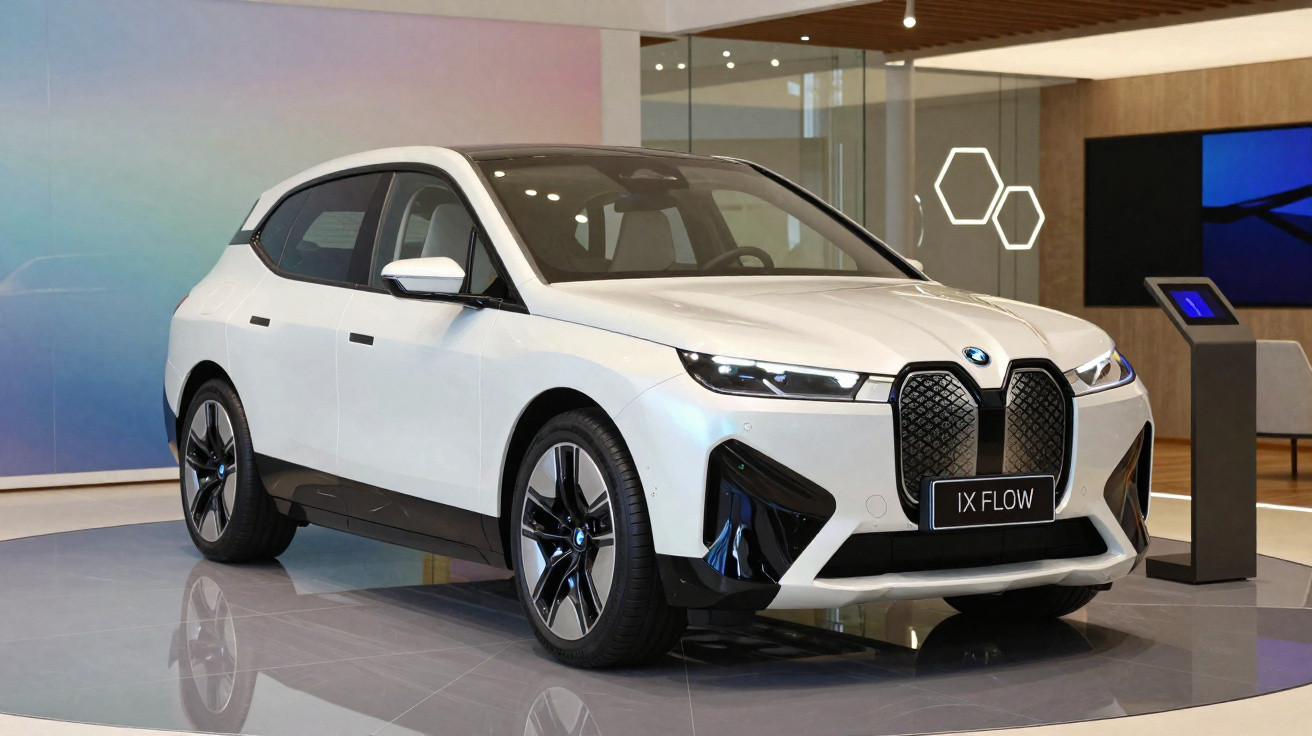 Carro elétrico branco BMW iX Flow exposto em ambiente moderno com paredes de vidro e madeira.