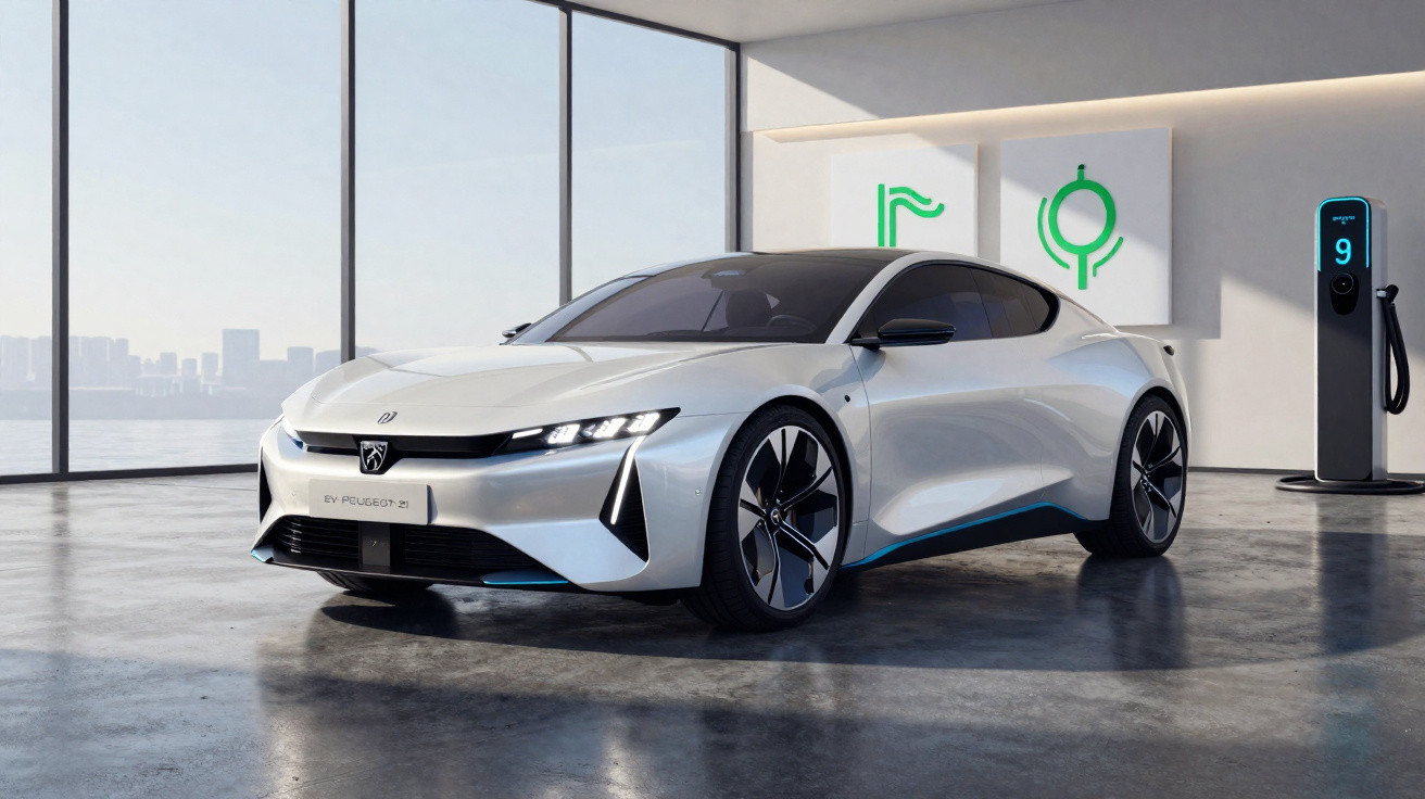 Carro elétrico cinza elétrico Peugeot GT estacionado em garagem moderna com estação de recarga.
