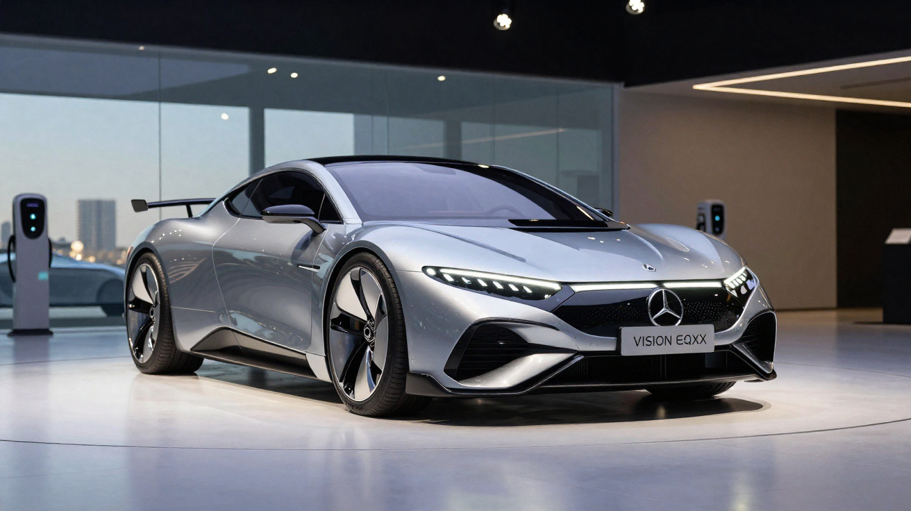 Carro esportivo elétrico Mercedes-Benz Vision EQXX prata em exposição interna moderna.