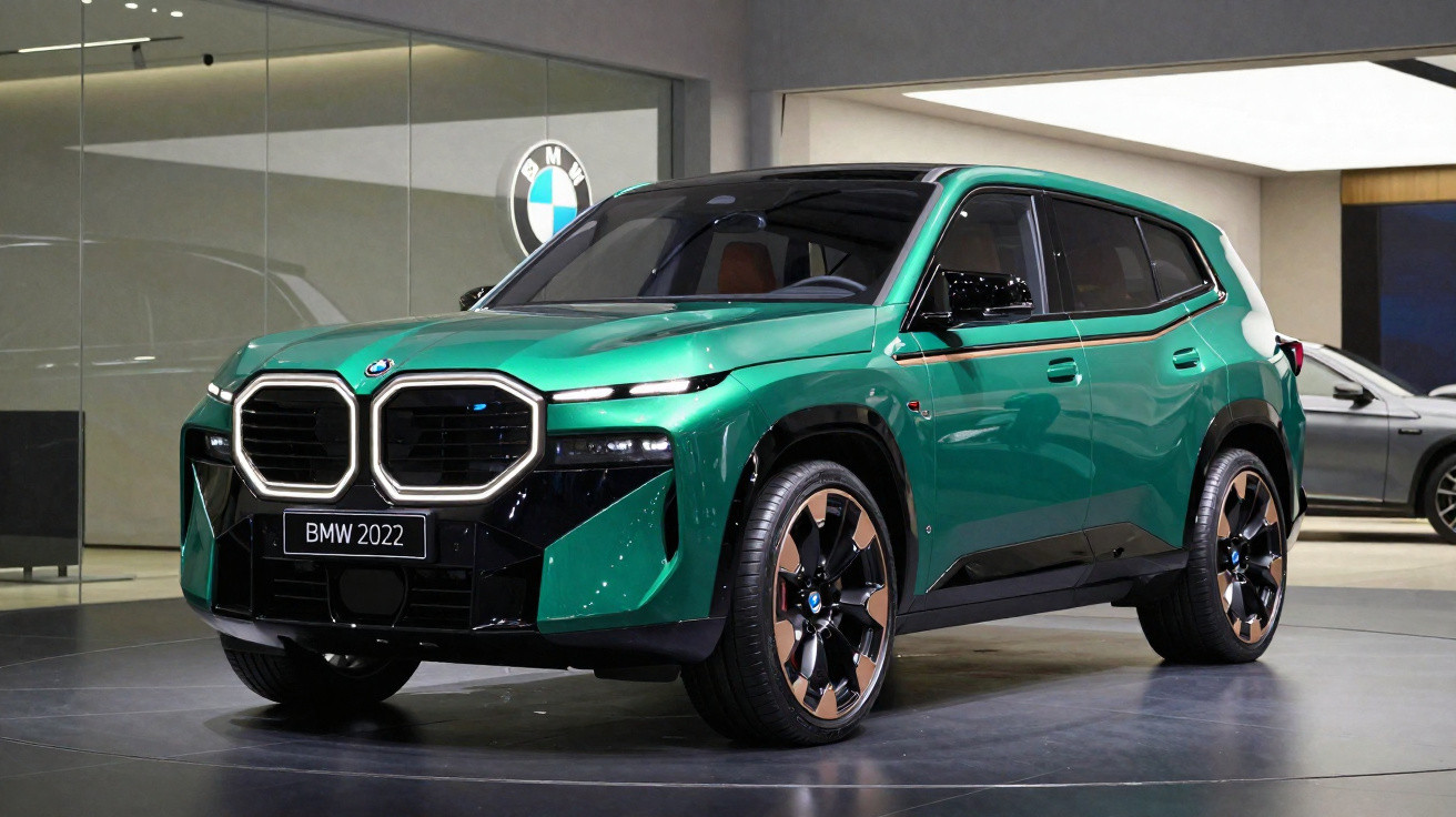 SUV BMW verde 2022 exposto em showroom moderno com rodas pretas e detalhes em bronze.