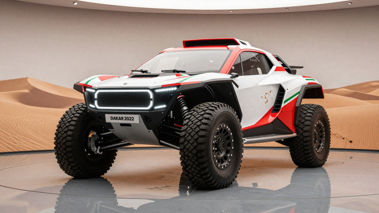 Carro de rally off-road branco, vermelho e preto com pneus robustos, exibido em ambiente de deserto simulado.