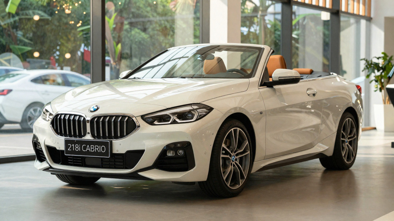 Carro conversível BMW 218i Cabrio branco exibido em showroom com teto rebaixado e interior marrom.