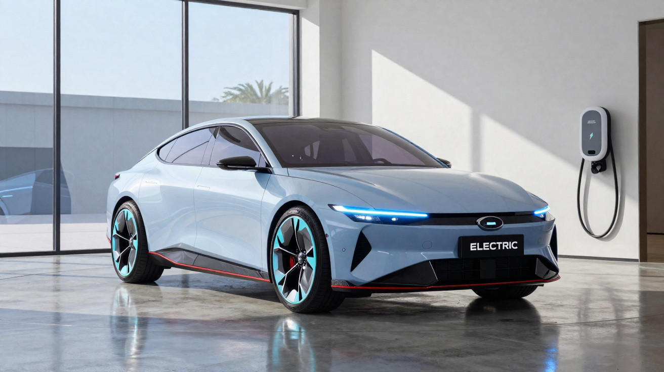 Carro elétrico cinza moderno parado em garagem com parede branca e carregador veicular instalado.