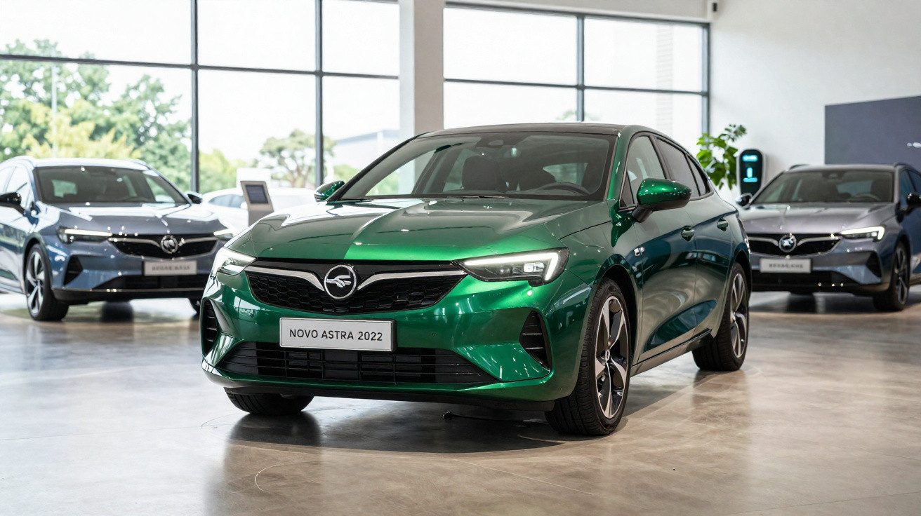 Carro verde Novo Astra 2022 em destaque em showroom moderno com dois carros cinzas ao fundo.