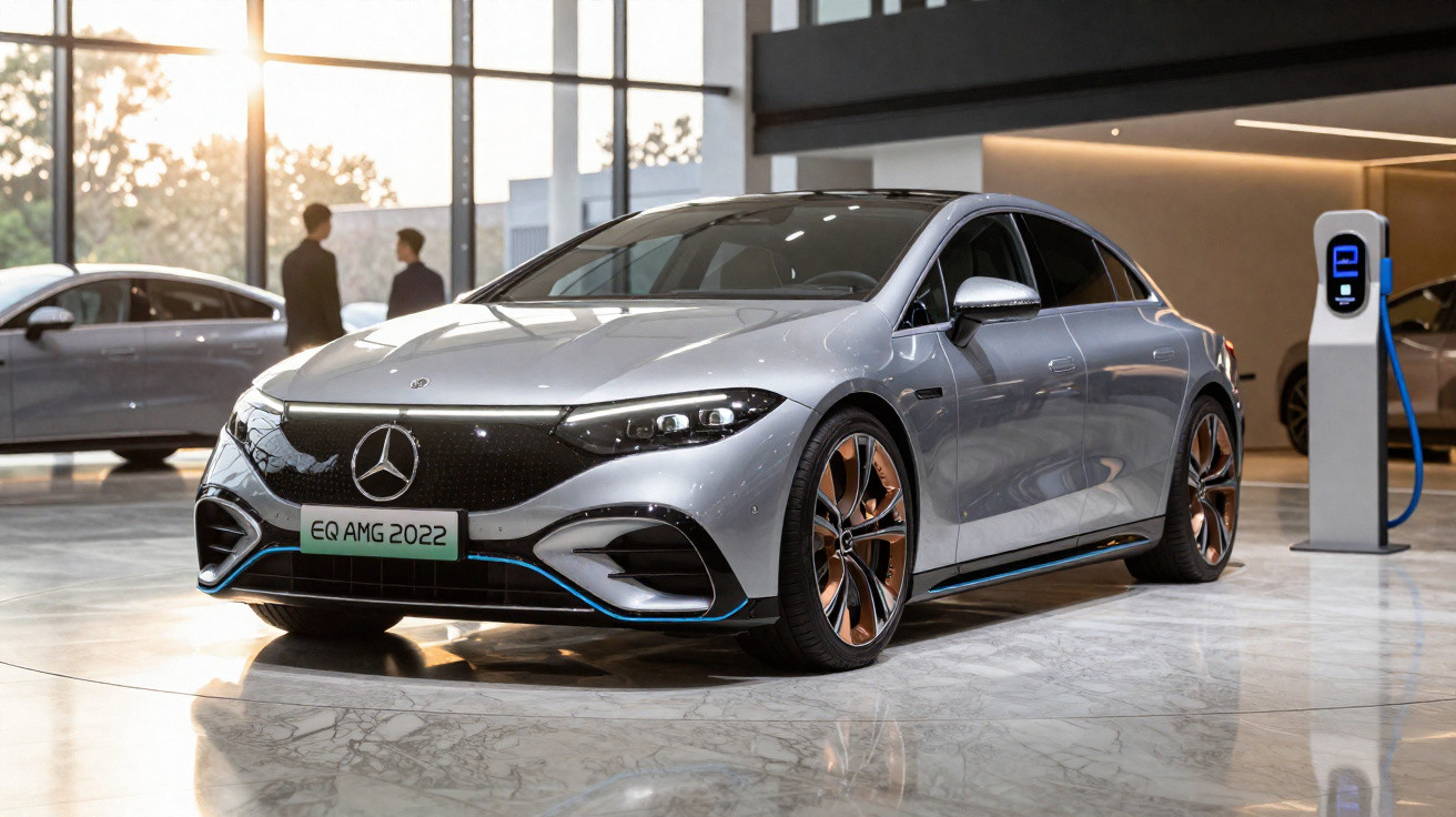 Carro elétrico Mercedes-Benz EQ AMG 2022 prata estacionado em showroom moderno com estação de recarga.