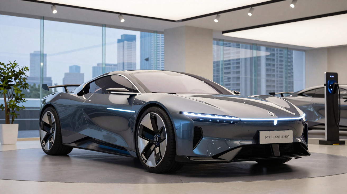 Carro esportivo elétrico azul Stellantis EV exibido em showroom moderno com grandes janelas e plantas.