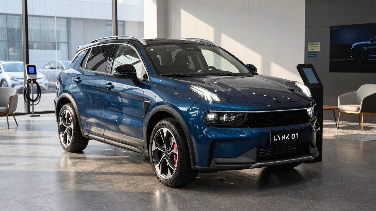 Carro SUV azul escuro Lynk 01 em exposição interna com carregador elétrico ao fundo.