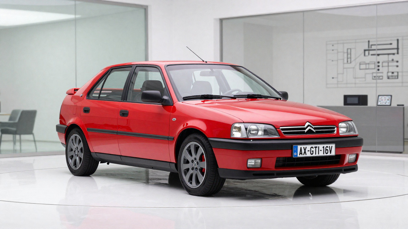 Carro sedan Citroën vermelho, modelo esportivo dos anos 1990, em ambiente interno branco.
