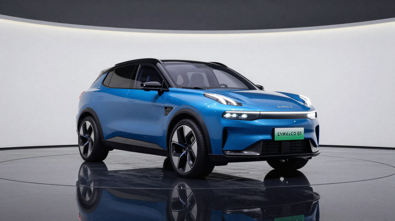 Carro SUV azul metálico com teto preto exibido em estúdio com piso refletivo.