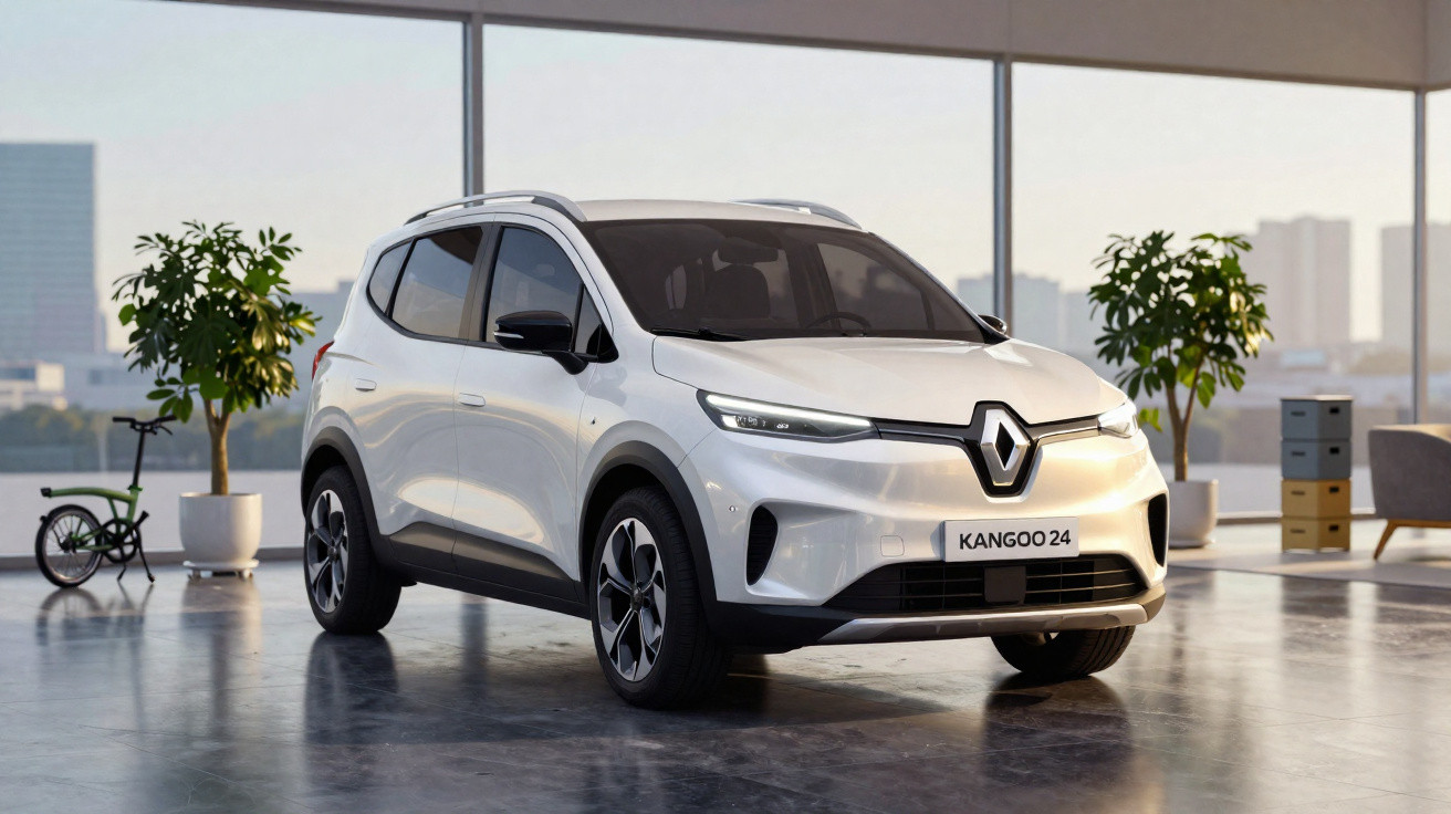 Carro SUV elétrico branco Renault Kangoo 24 em ambiente interno moderno com plantas e móveis.